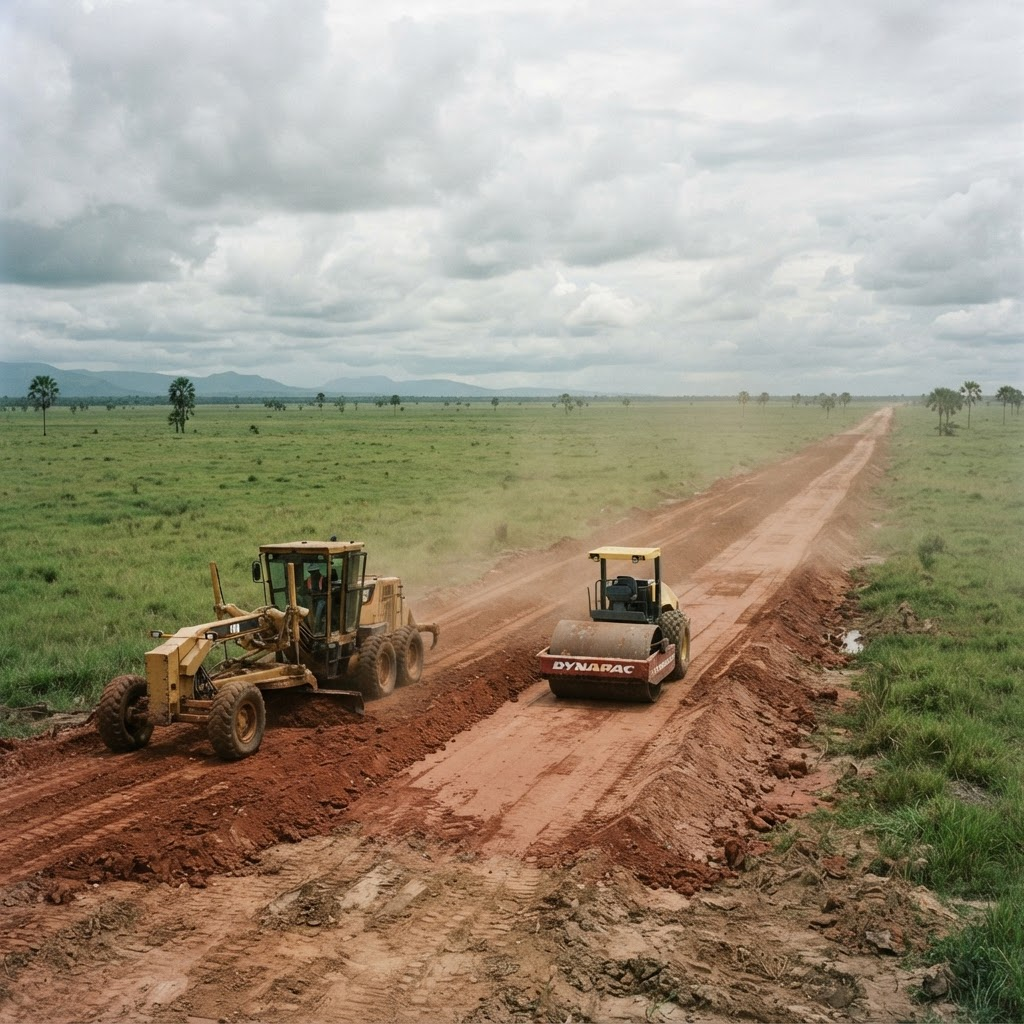 Motoniveladora y vibrocompactador conformando una vía en los Llanos Orientales